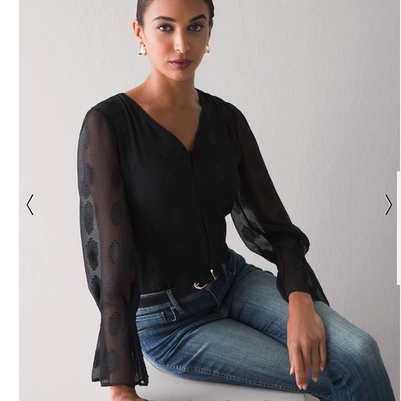 White House Black Market Long Sleeve V-Neck Clip Dot Blouse Size Large - Picture 2 of 10